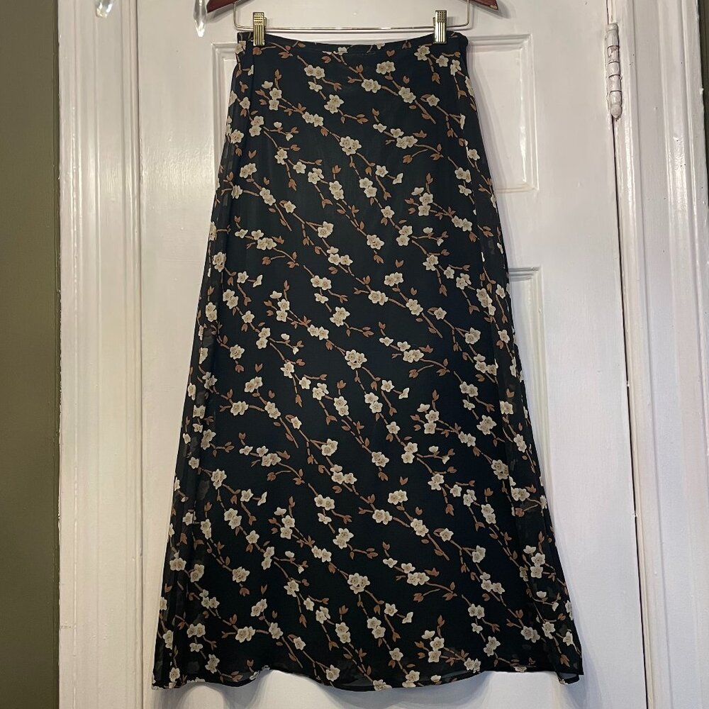 Express long flowered skirt, size 5/6 (Medium), black with cream and brown print